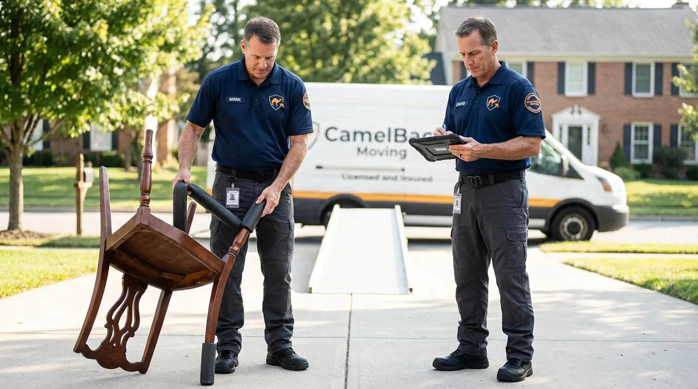 Movers inspecting furniture for damage prevention before loading in Warren, MI